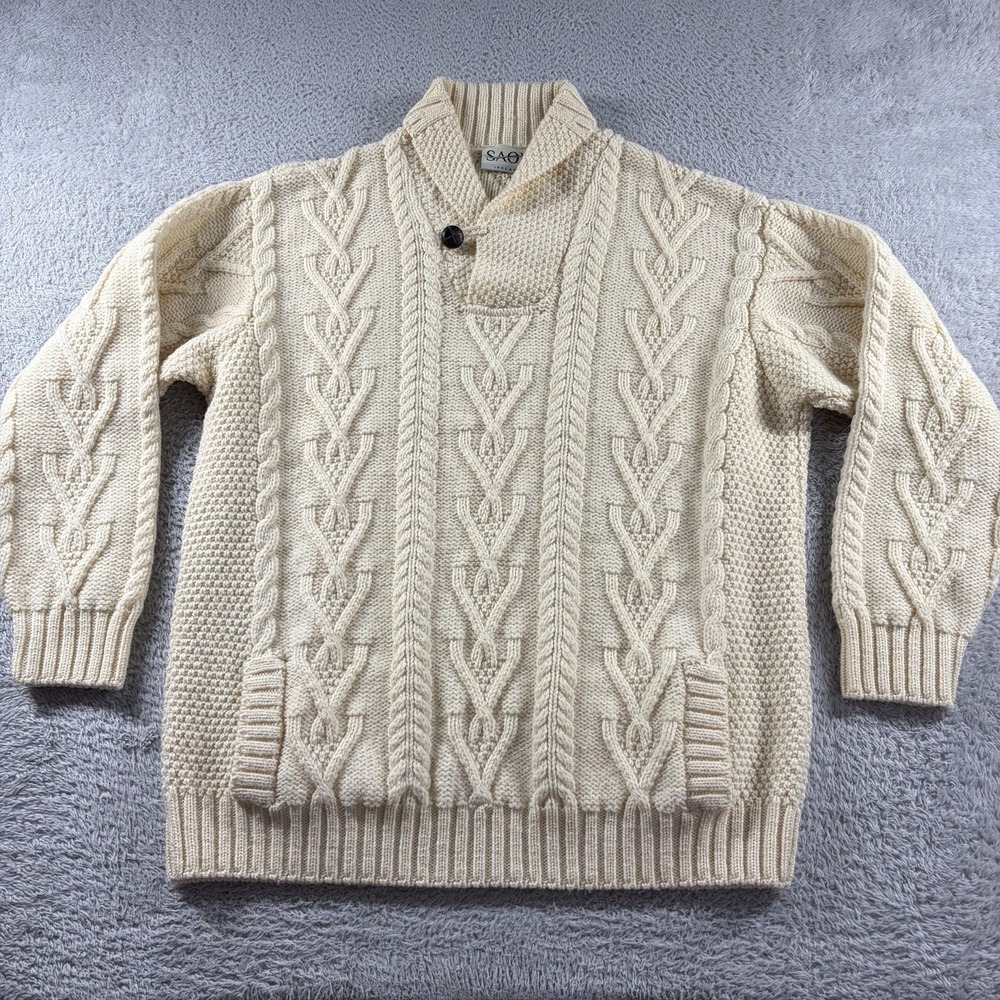 Saol‎ Irish Sweater Mens XL Cream Shawlneck Pull Over Aran 100% Merino Wool